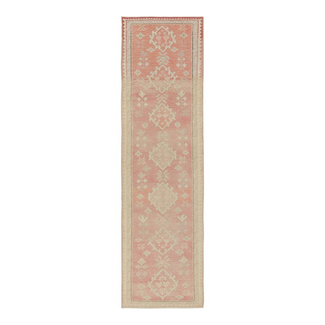 Vintage Oushak Style Runner Rug in Pink With Geometric Patterns From Rug & Kilim For Sale