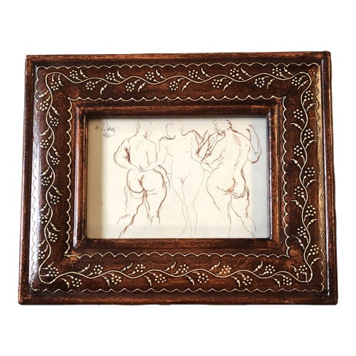 Original Vintage Abstract Ink Drawing 3 Graces 1960’s Vintage Frame