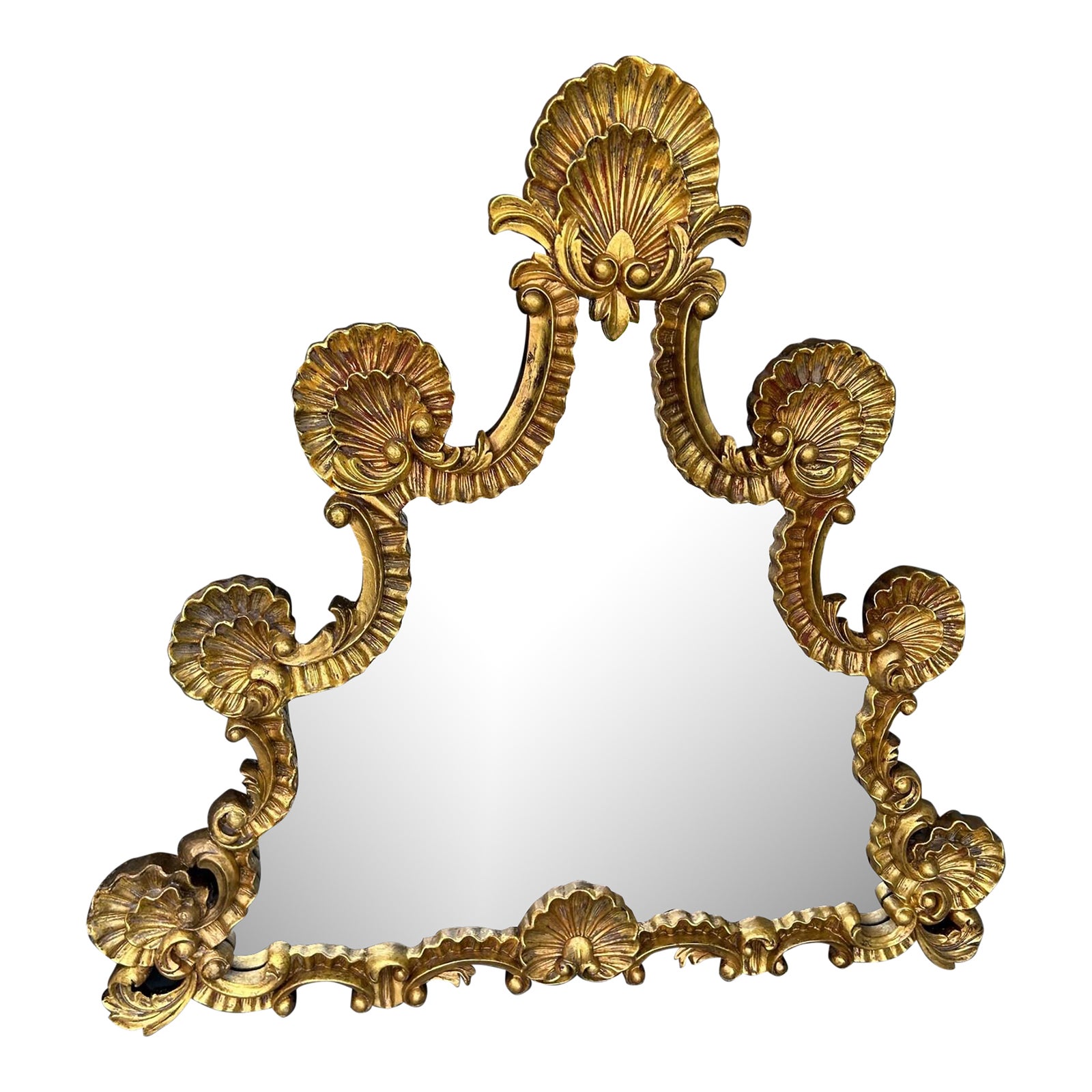 1970s Ornate Gold Rococo Style Seashell Grotto Triangular Mirror | Chairish