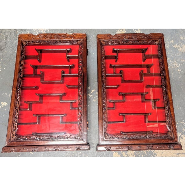 Red 1970s Chinese Carved Hardwood Shadow Box Curio Display Cases,2 Pieces For Sale - Image 8 of 14