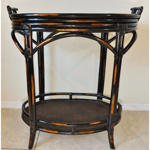 Ornate Natural Bamboo Rattan Brown Wicker Oval Tray Table Two Tier Server For Sale - Image 11 of 12