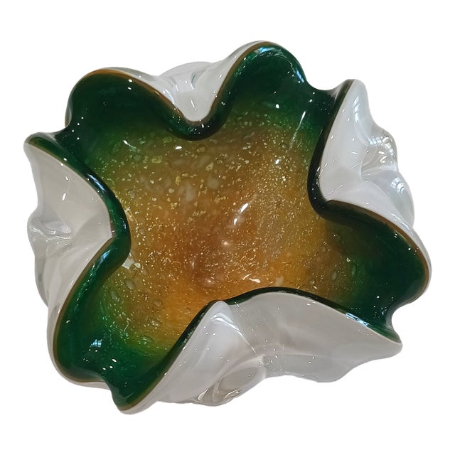 Vintage Murano Attributed Glass Ashtray - Mid-Century Modern Green, Gold and White Sommerso Bullicante Bowl For Sale