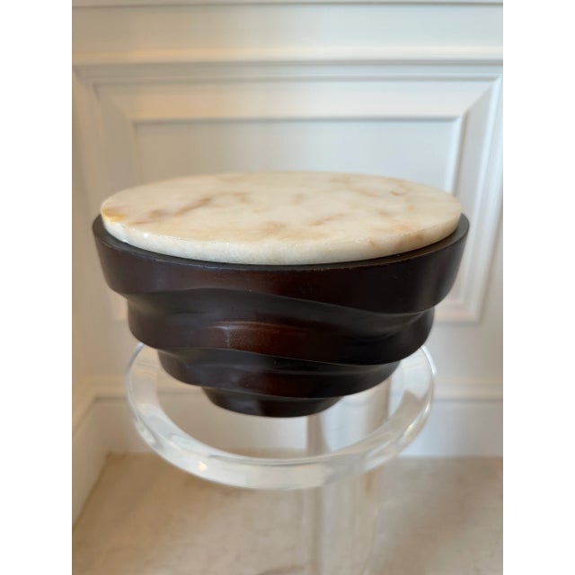 1970s Vintage 1970’s Handcarved Wood Bowl With Cork Lined Marble Top For Sale - Image 5 of 15