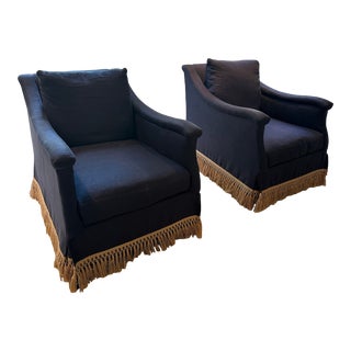Pair of Navy Lee Chairs With Jute Fringe For Sale