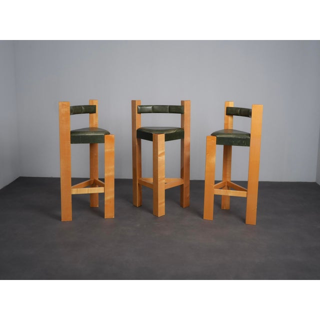Architectural Wood and Leather Bar Stools, Netherlands, 1990s, Set of 3 For Sale - Image 11 of 11