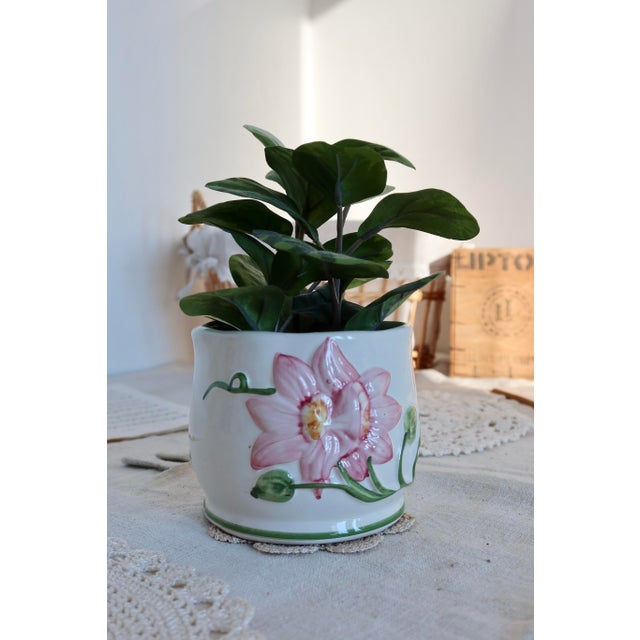 1990s Small Vintage Earthenware Planter with Pink Flower Pattern For Sale - Image 5 of 9