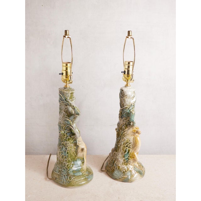 Mid 20th Century Deer Ceramic Lamps With Majolica Style Glaze - a Pair For Sale - Image 13 of 17