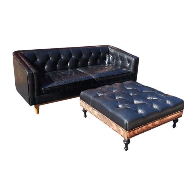 Experience the Classic Heritage &Contemporary Clean Lines With the Monrowe Leather Loveseat With a Custom Ottoman For Sale - Image 10 of 11