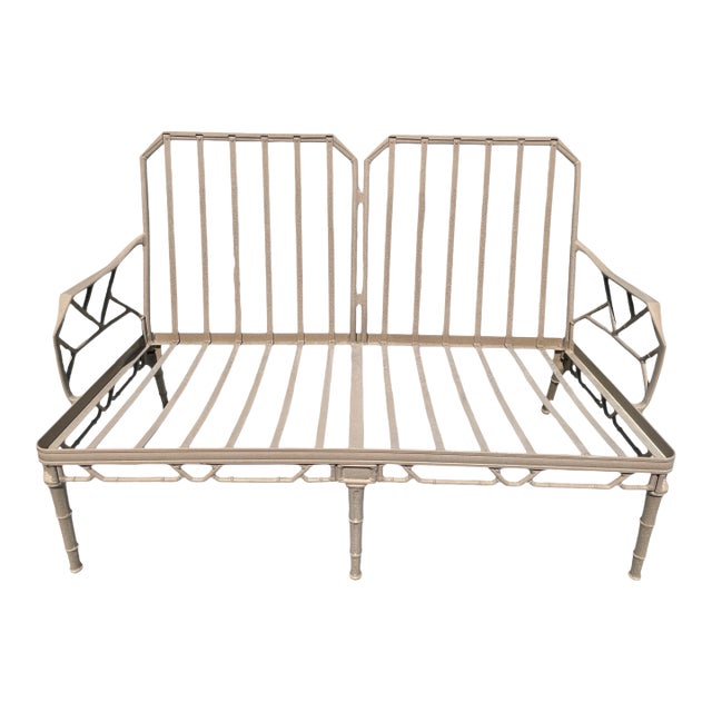 1970s Brown Jordan Calcutta Faux Bamboo Chinoiserie Chippendale Outdoor Settee Loveseat For Sale