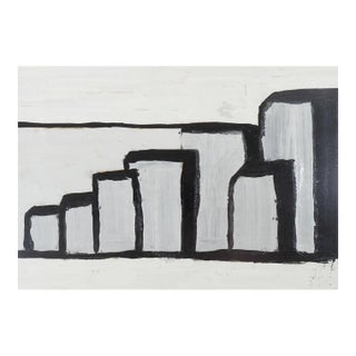 Vintage Mid Century Abstract Black and White Block Painting For Sale
