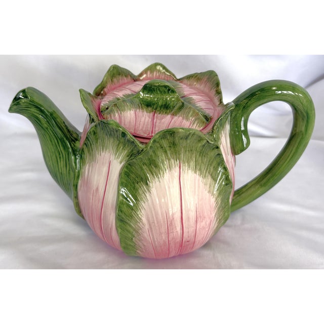 Vintage Majolica Cabbage Ceramic Tea Pot With Lid Made in Italy For Sale - Image 11 of 17