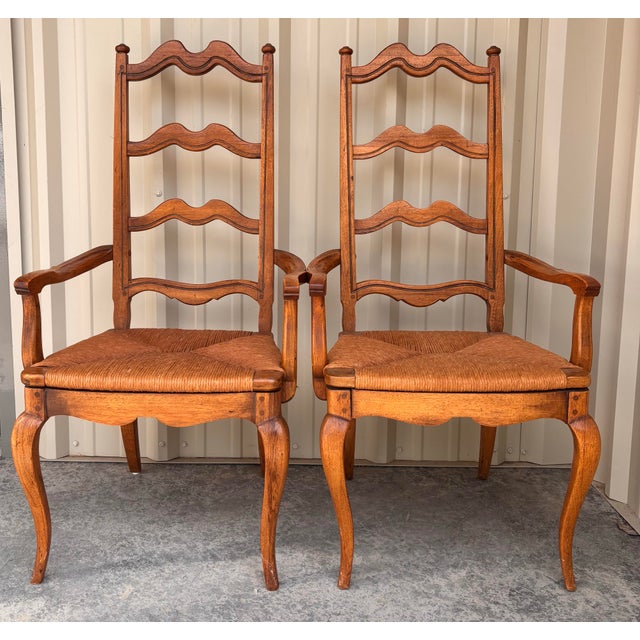 Vintage French Country Ladder Back Rush Seats Armchairs, Set of 4 For Sale - Image 12 of 12