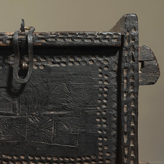 Brown Antique Hand Carved Folk Art Lidded Dowry Chest For Sale - Image 8 of 12
