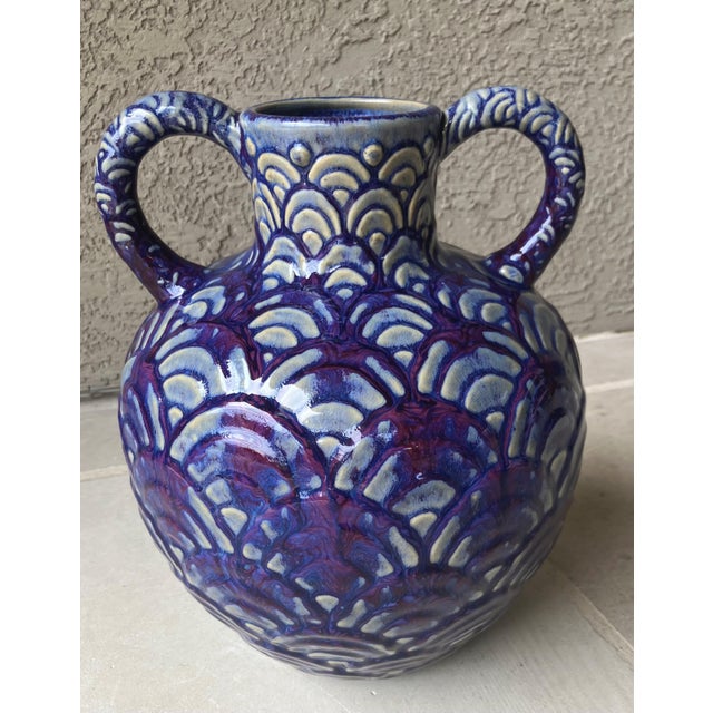Mexican Late 20th-Century Safi-Style Earthenware Dual-Handled Pottery Vessel Drenched in Deep Cobalt Blue & Byzantium Purple, Mexico For Sale - Image 3 of 18