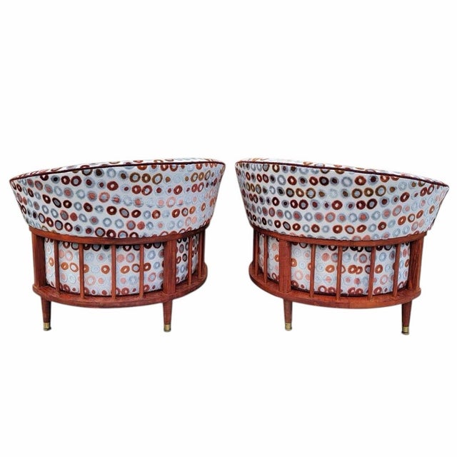 Wood Mid Century Modern Atomic Barrel Back Lounge Chairs Newly Reupholstered - Pair For Sale - Image 7 of 12