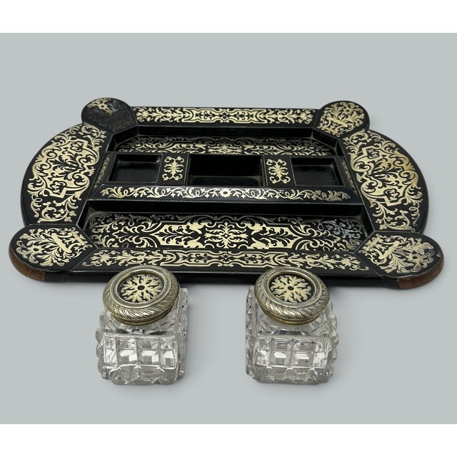Antique Grand Tour Mahogany Boulle Work Brass Inlaid Desk Set Inkstand Regency For Sale - Image 10 of 10