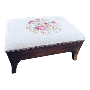 Early 19th Century Vintage American Foot Stool With Wooden Legs and Floral Needlework