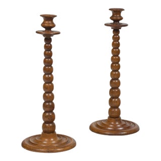 Pair Tall Bobbin Turned Walnut Candlesticks For Sale