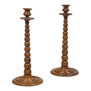 Pair Tall Bobbin Turned Walnut Candlesticks