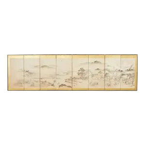 Japanese Meiji Eight Panel Screen Village Landscape With Figures
