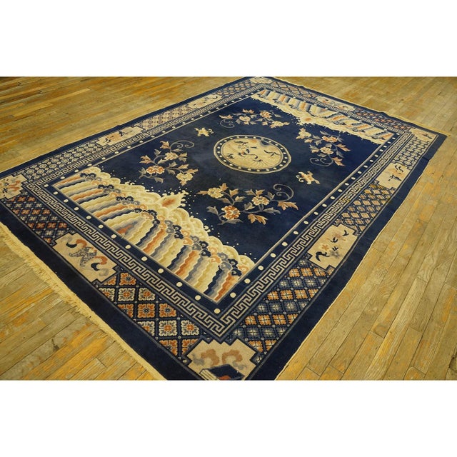 1920s Navy Blue Birds Medallion Antique Chinese Peking Carpet Knotted Wool Rug For Sale In New York - Image 6 of 11