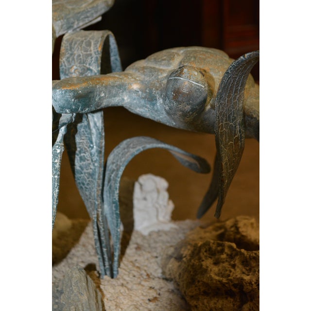 VTG Metal / 'Bronze' Aqua Patina Sea Turtles Ocean Round Glass Coffee Table For Sale - Image 12 of 18