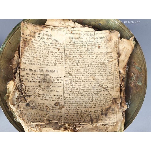 Brass Mid 1800s German Bisque Porcelain Plate Enclosed to Brass Pedestal Base With Old Newspapers For Sale - Image 8 of 11