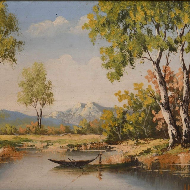 Mid 20th Century Framed Pair of Signed Oil on Board Landscape Paintings in Gilt Frames For Sale - Image 5 of 7