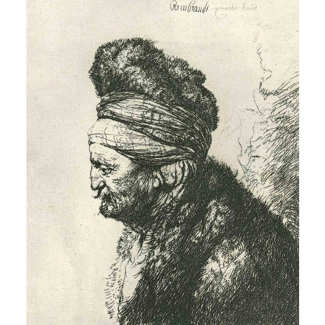 Head of a Man with Turban is an etching on ivory-colored paper realized after an etching by Rembrandt. This wonderful...