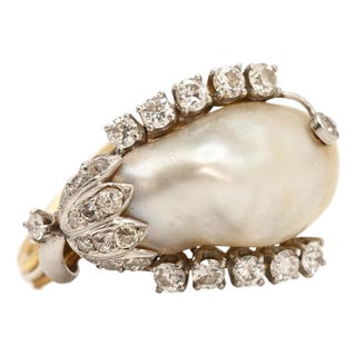 Mid 20th Century 18k Yellow Gold and White Gold Gia Certified Natural Pearl Diamond Ring, Size 6.5 For Sale