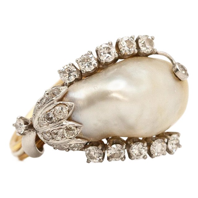 Mid 20th Century 18k Yellow Gold and White Gold Gia Certified Natural Pearl Diamond Ring, Size 6.5 For Sale