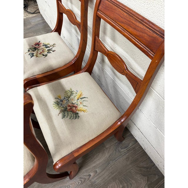 Early 20th Century Antique Regency / Duncan Phyfe Style Needlepoint Upholstered Dining Side Chairs For Sale - Image 5 of 16