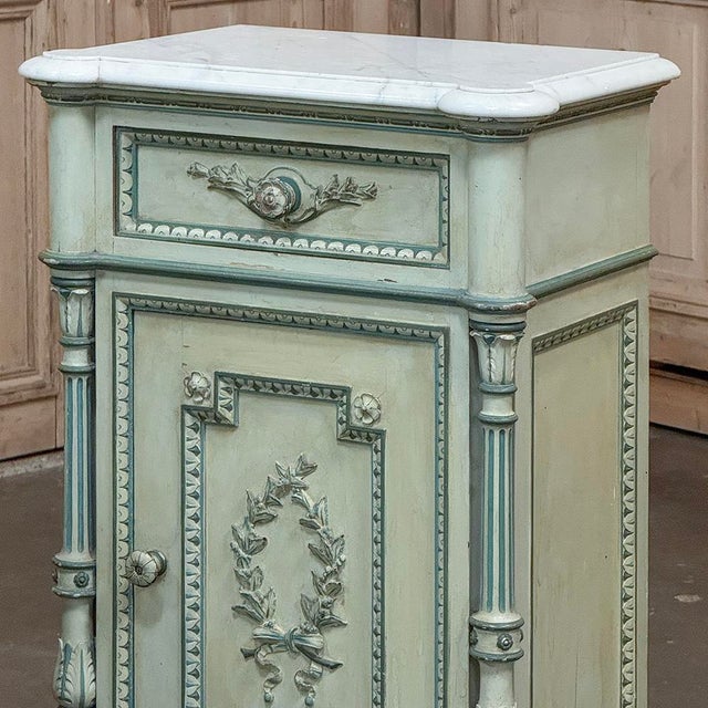 Pair 19th Century French Louis XVI Painted Nightstands With Carrara Marble For Sale - Image 9 of 18