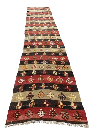 1970s Cabin Style Turkish Stripe Desing Oushak Kilim Long Runner Rug
