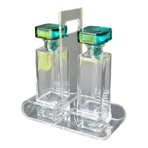 Vintage Italian Luigi Bormioli Glass & Lucite 3 Piece Cruet Set, Caddy With 2 Bottles