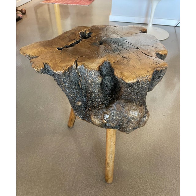 1960s Mid Century Cypress Root Side Table Live Edge Burl Tripod Stool George Nakashima Style Sculptural Organic Studio Craft For Sale - Image 11 of 11