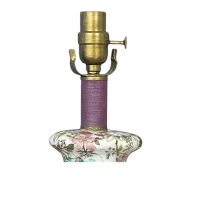 This is a one-of-a-kind pair of ceramic table lamp bases, artist's studio originals, decorated by hand with a chinoiserie...