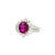 This contemporary piece features a striking 2.13-carat oval ruby at its center, radiating a deep red hue. Surrounding the...