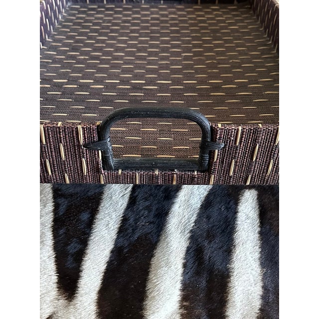 Vintage Large 21” Chocolate Brown & Tan Grasscloth Tray With Blackened Wood Handles For Sale In Los Angeles - Image 6 of 17