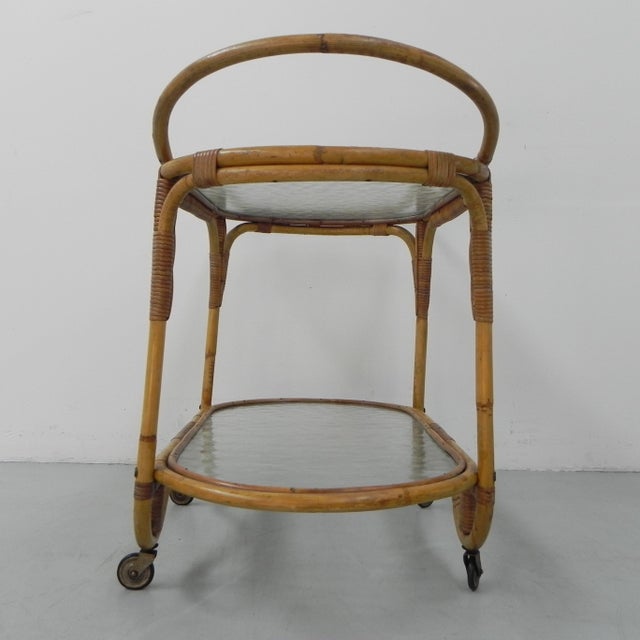 Wood Bamboo Rattan Serving Trolley on Castors, 1950s For Sale - Image 7 of 18