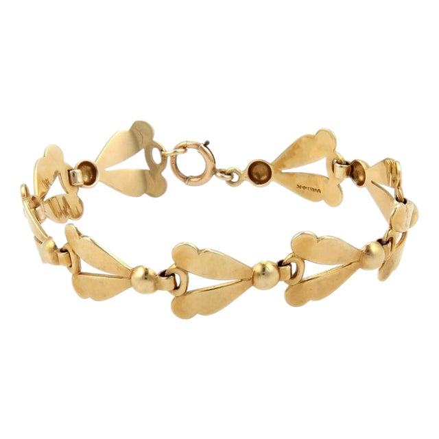 Mid 20th Century Leaf & Bead 14k Yellow Gold Link Bracelet For Sale