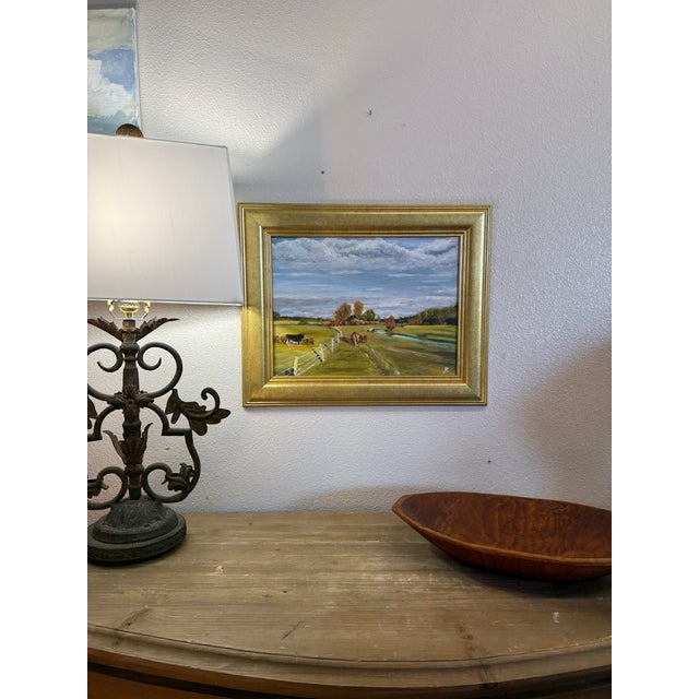 Oil on wood - pastoral landscape. Singed JKR A gentle creek meanders through this landscape. 3 “ Gold frame