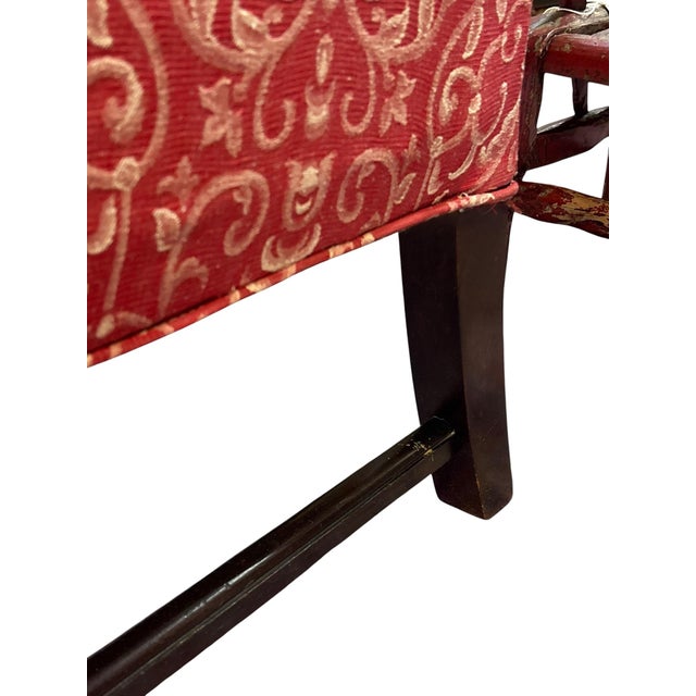 Elegant Queen Anne Wingback Chair in Coral Damask Upholstery With Carved Mahogany Frame For Sale - Image 12 of 12