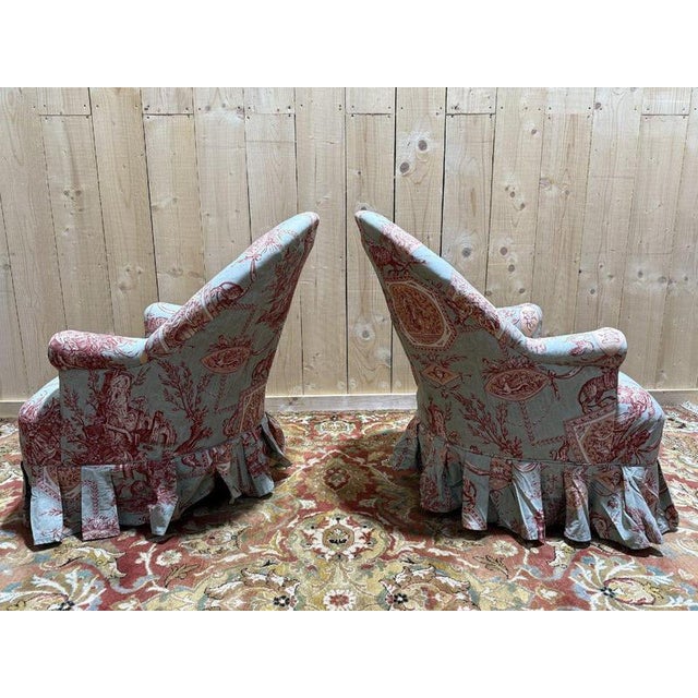 Textile Set of Napoleon III toile De Jouy Armchairs and Ottoman, Set of 3 For Sale - Image 7 of 8