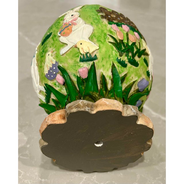 Forest Green Hand Painted, Carved Resin Easter Egg With Bunny Garden Scenes For Sale - Image 8 of 9