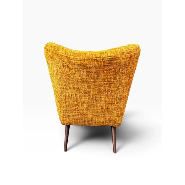 Pair of Danish Modern Cocktail Chairs | Curved Winged Backs in Golden Mustard Tweed | Tapered Wood Legs | C. 1950s For Sale - Image 12 of 15