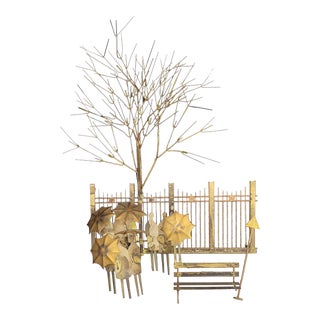 1970s Brutalist Brass Wall Sculpture — Rainy Day Bus Stop Scene, Tree & Umbrella Figures, Jere Style For Sale