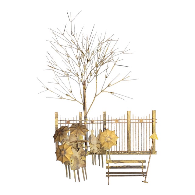 1970s Brutalist Brass Wall Sculpture — Rainy Day Bus Stop Scene, Tree & Umbrella Figures, Jere Style For Sale