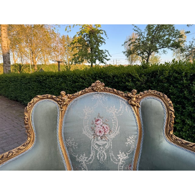 1950 French Louis XVI Gold Beech Damask Settee - 1 Pc For Sale - Image 4 of 14