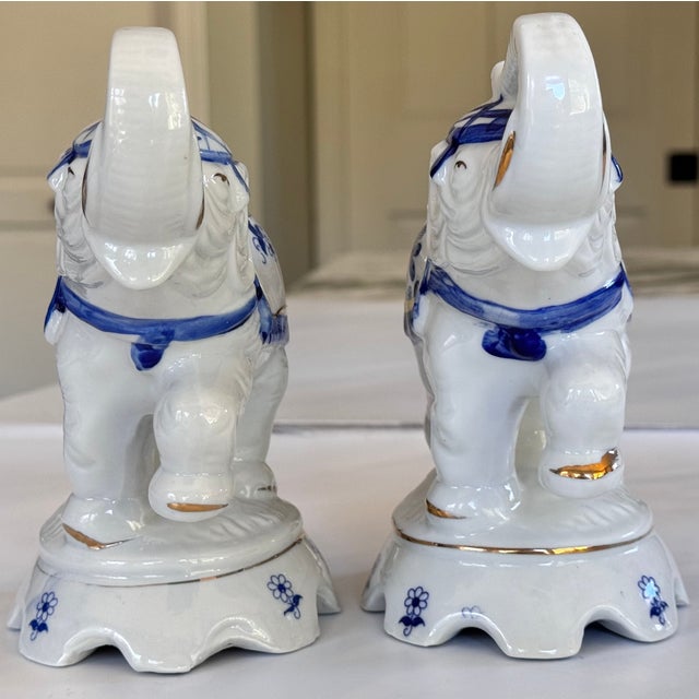 Late 20th Century Vintage Blue and White Auspicious Porcelain Elephants - A Pair For Sale - Image 5 of 9